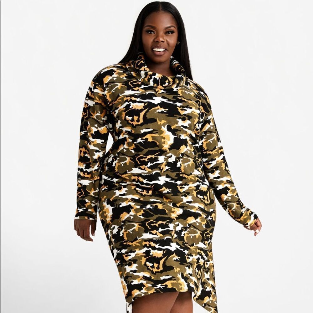ASHLEY STEWART PLUS SIZE CAMO COWL NECK RUCHED DRESS